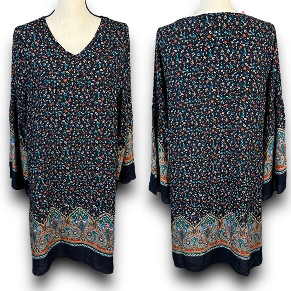 Anthro Hazel Boho Floral Vneck Dress 3/4 Bell Sleeve Lightweight Relaxed Medium - Picture 1 of 7